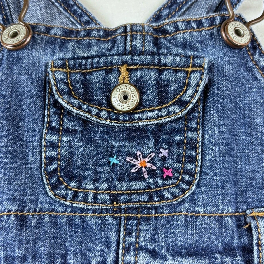 OshKosh B'gosh Denim Overalls Dress Ruffle‎ Heart Flower Baby Girls 12 Months